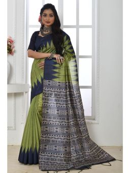 SGF11 - Women Green Tussar Silk Geometric Saree with Unstitched Blouse
