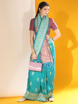 SGF11 - Women Blue Cotton Linen Printed Saree with Unstitched Blouse