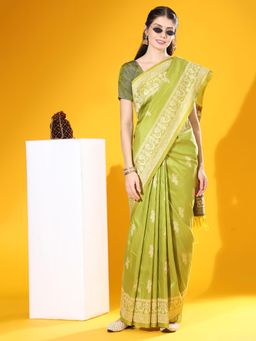 SGF11 - Women Green Cotton Linen Printed Saree with Unstitched Blouse