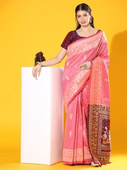 SGF11 - Women Peach Cotton Linen Printed Saree with Unstitched Blouse