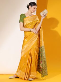 SGF11 - Women Yellow Cotton Linen Printed Saree with Unstitched Blouse