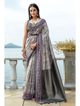 SGF11 - Women Grey Kanjeevaram Floral Saree with Unstitched Blouse