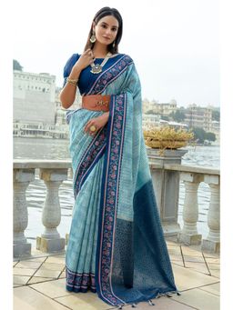 SGF11 - Women Blue Kanjeevaram Floral Saree with Unstitched Blouse