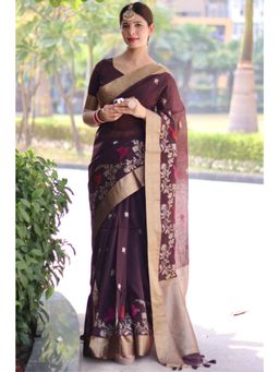 SGF11 - Women Brown Cotton Linen Floral Saree with Unstitched Blouse