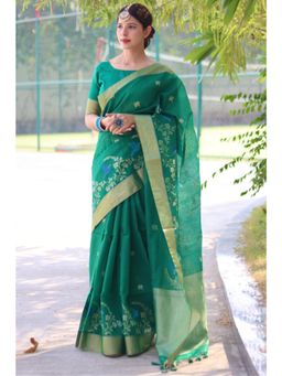 SGF11 - Women Green Cotton Linen Floral Saree with Unstitched Blouse