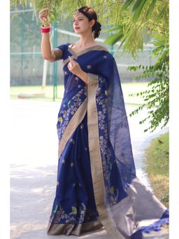 SGF11 - Women Blue Cotton Linen Floral Saree with Unstitched Blouse