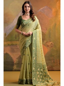 SGF11 - Women Green Cotton Silk Woven Saree with Unstitched Blouse