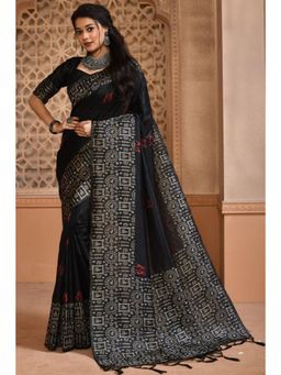 SGF11 - Women Black Kanjeevaram Printed Saree with Unstitched Blouse