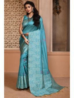SGF11 - Women Blue Kanjeevaram Printed Saree with Unstitched Blouse
