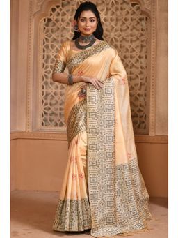 SGF11 - Women Cream Kanjeevaram Printed Saree with Unstitched Blouse