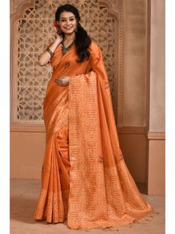 SGF11 - Women Orange Kanjeevaram Printed Saree with Unstitched Blouse