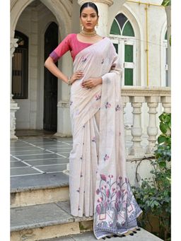 SGF11 - Women Blue Cotton Linen Floral Saree with Unstitched Blouse