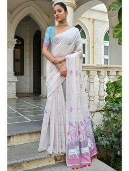 SGF11 - Women Pink Cotton Linen Floral Saree with Unstitched Blouse