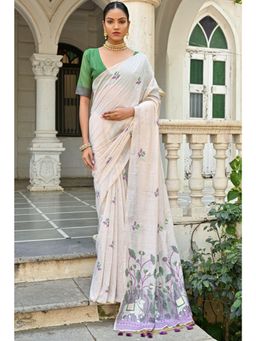 SGF11 - Women Purple Cotton Linen Floral Saree with Unstitched Blouse