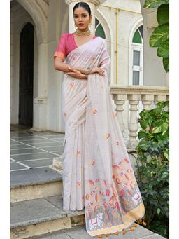 SGF11 - Women Yellow Cotton Linen Floral Saree with Unstitched Blouse