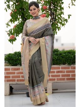 SGF11 - Women Grey Tussar Silk Printed Saree with Unstitched Blouse