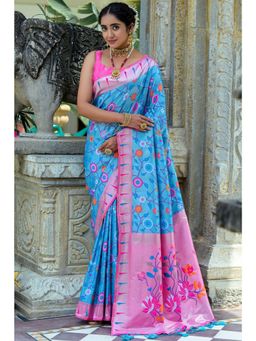 SGF11 - Women Blue Kanjeevaram Floral Saree with Unstitched Blouse