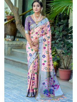 SGF11 - Women Cream Kanjeevaram Floral Saree with Unstitched Blouse
