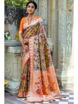 SGF11 - Women Grey Kanjeevaram Floral Saree with Unstitched Blouse