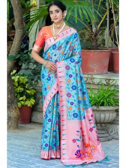SGF11 - Women Blue Kanjeevaram Floral Saree with Unstitched Blouse