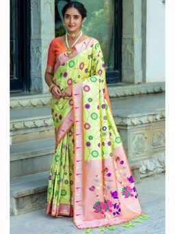 SGF11 - Women Green Kanjeevaram Floral Saree with Unstitched Blouse