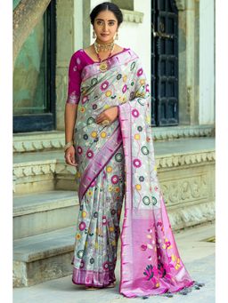 SGF11 - Women Grey Kanjeevaram Floral Saree with Unstitched Blouse