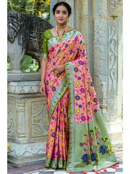 SGF11 - Women Peach Kanjeevaram Floral Saree with Unstitched Blouse