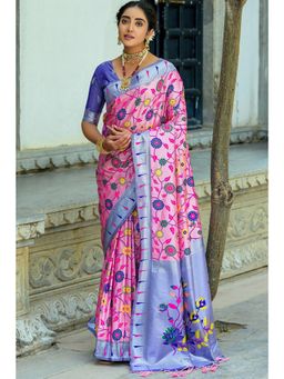 SGF11 - Women Pink Kanjeevaram Floral Saree with Unstitched Blouse