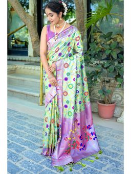SGF11 - Women Green Kanjeevaram Floral Saree with Unstitched Blouse
