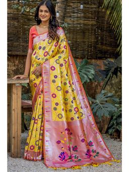 SGF11 - Women Yellow Kanjeevaram Floral Saree with Unstitched Blouse