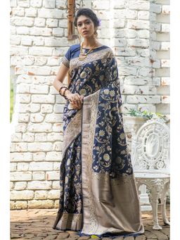 SGF11 - Women Blue Kanjeevaram Floral Saree with Unstitched Blouse