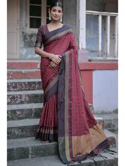 SGF11 - Women Maroon Kanjeevaram Checks Saree with Unstitched Blouse