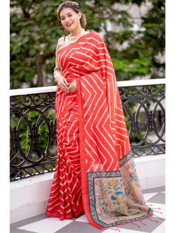 SGF11 - Women Red Tussar Silk Geometric Saree with Unstitched Blouse