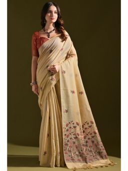 SGF11 - Women Cream Cotton Silk Floral Saree with Unstitched Blouse