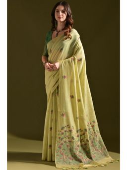 SGF11 - Women Green Cotton Silk Floral Saree with Unstitched Blouse