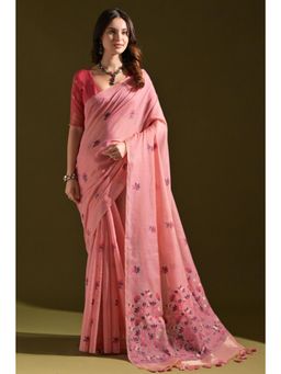 SGF11 - Women Pink Cotton Silk Floral Saree with Unstitched Blouse