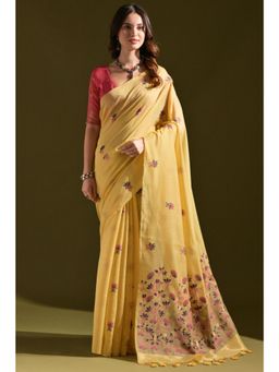 SGF11 - Women Yellow Cotton Silk Floral Saree with Unstitched Blouse