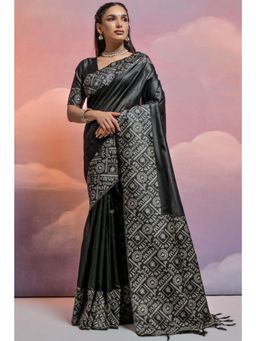 SGF11 - Women Black Kanjeevaram Printed Saree with Unstitched Blouse