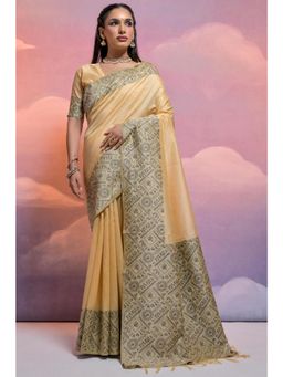 SGF11 - Women Cream Kanjeevaram Printed Saree with Unstitched Blouse