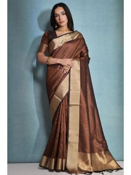 SGF11 - Women Brown Kanjeevaram Stripes Saree with Unstitched Blouse
