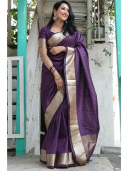 SGF11 - Women Purple Kanjeevaram Stripes Saree with Unstitched Blouse