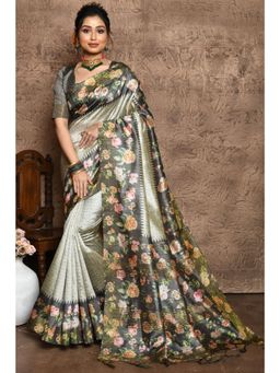 SGF11 - Women Black Tussar Silk Floral Saree with Unstitched Blouse