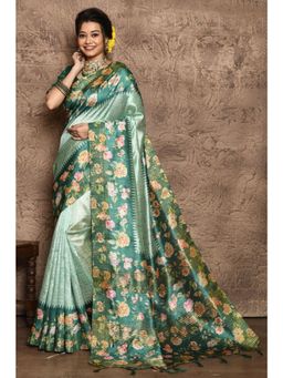 SGF11 - Women Green Tussar Silk Floral Saree with Unstitched Blouse