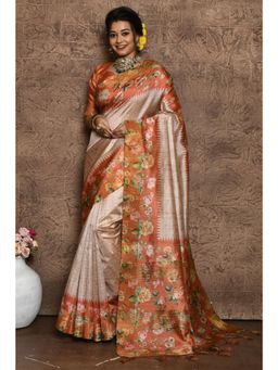 SGF11 - Women Orange Tussar Silk Floral Saree with Unstitched Blouse