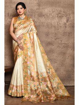 SGF11 - Women Yellow Tussar Silk Floral Saree with Unstitched Blouse
