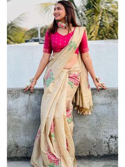 SGF11 - Women Cream Cotton Linen Floral Saree with Unstitched Blouse