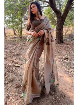 SGF11 - Women Grey Cotton Linen Floral Saree with Unstitched Blouse