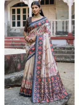 SGF11 - Women Blue Tussar Silk Floral Saree with Unstitched Blouse