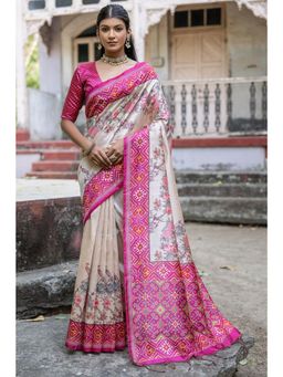 SGF11 - Women Pink Tussar Silk Floral Saree with Unstitched Blouse