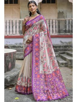 SGF11 - Women Purple Tussar Silk Floral Saree with Unstitched Blouse